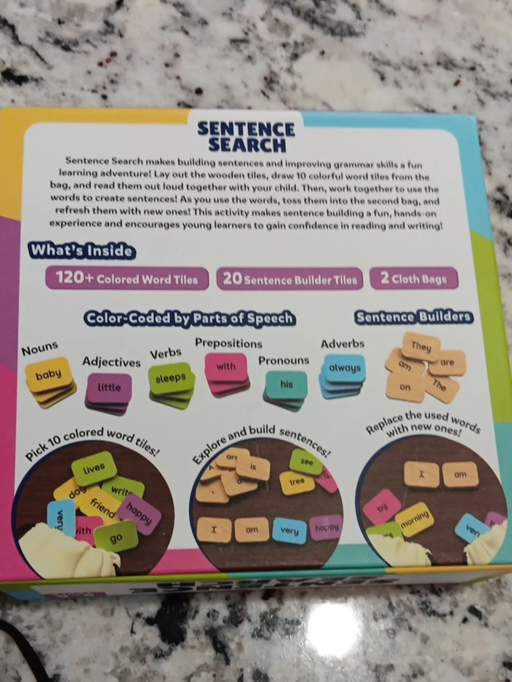 Sentence Search Word Game - Beige Canvas Pouches with Colorful Tiles